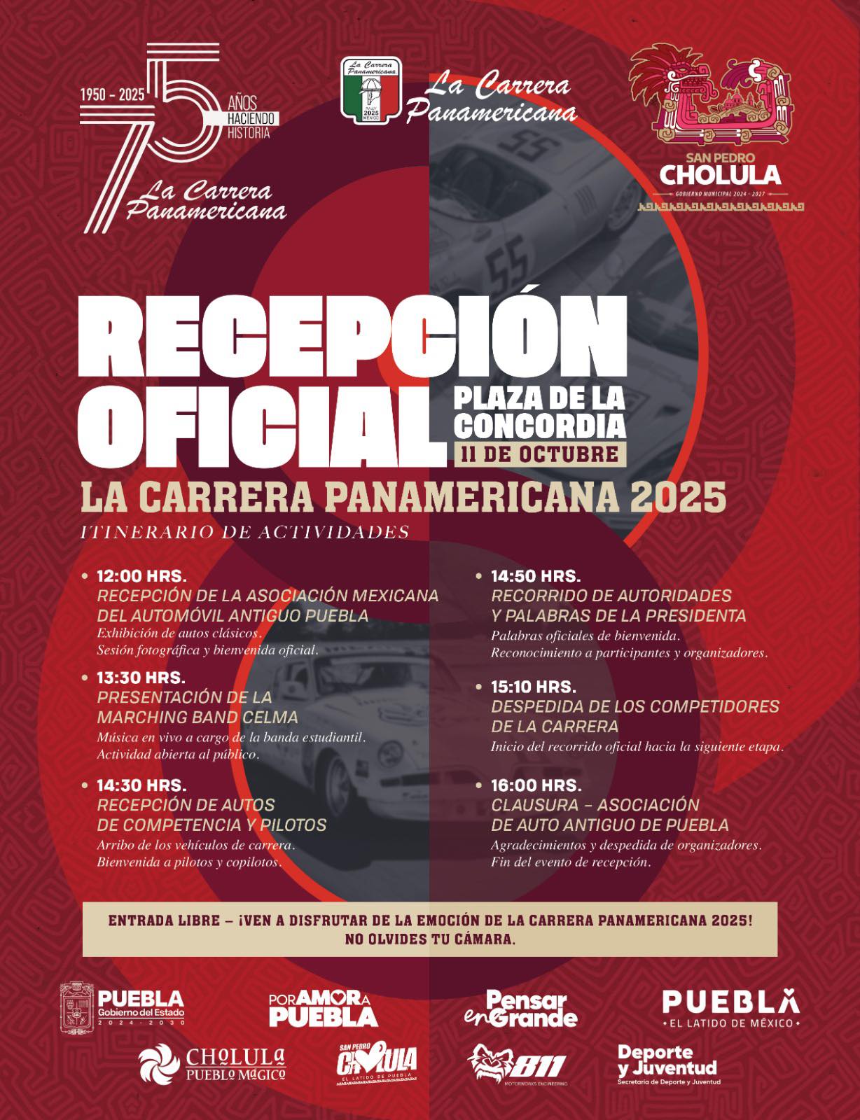 San Pedro Cholula será sede de la recepción oficial de la Carrera Panamericana 2025 con exhibición de autos y actividades culturales.