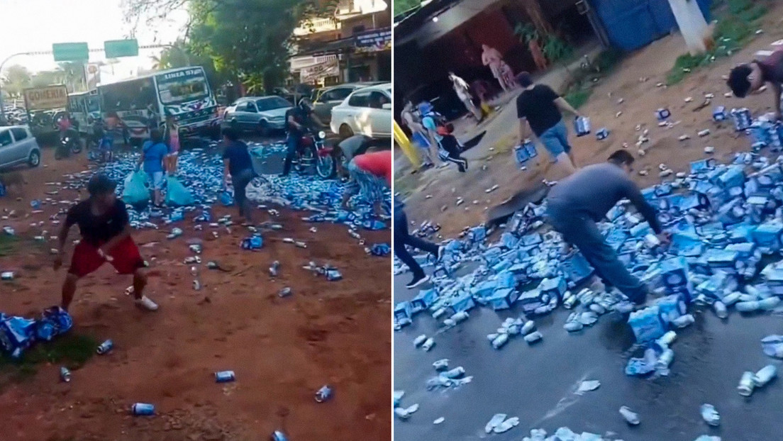 Un camión repartidor de cerveza volcó en Capiatá, Paraguay, y transeúntes se apoderaron de las cajas esparcidas en la carretera.
