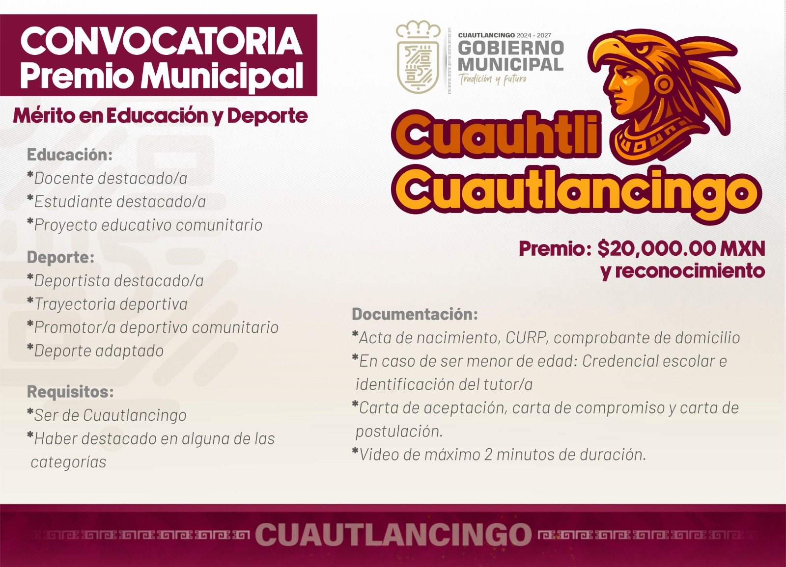 El Gobierno Municipal reconocerá con 20 mil pesos y un galardón a docentes, estudiantes y deportistas destacados de la comunidad.