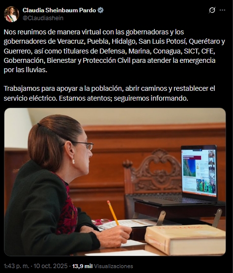 La presidenta encabezó reunión virtual con gobernadores y dependencias federales para atender daños y apoyar a la población afectada.