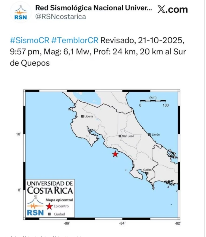 Un sismo de magnitud 6.1 golpeó Costa Rica la noche del 21 de octubre. Se reportan réplicas, caídas de objetos y cortes de electricidad.