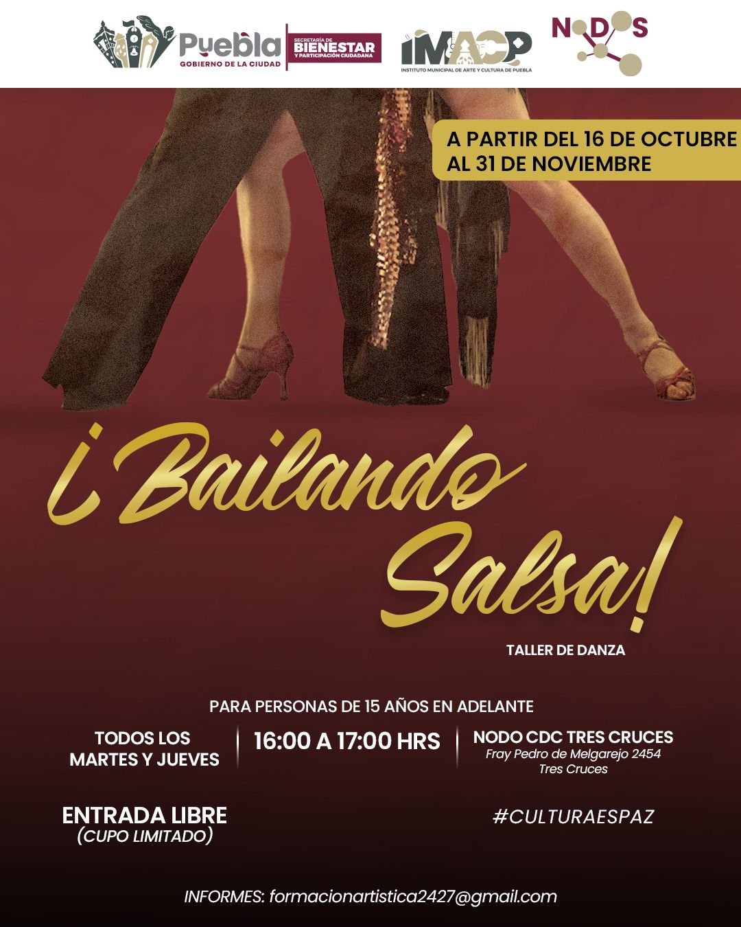 Todos los martes y jueves de 16:00 a 17:00 horas, disfruta del taller de danza Salsa en Puebla. Cupo limitado y entrada libre.