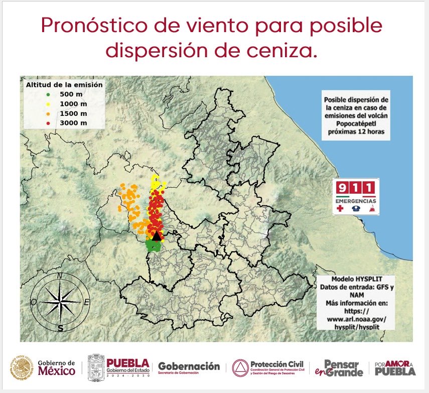 El pronóstico de vientos indica posible dispersión de ceniza del Popocatépetl hacia Atlixco, Angelópolis, Estado de México, CDMX y Morelos.
