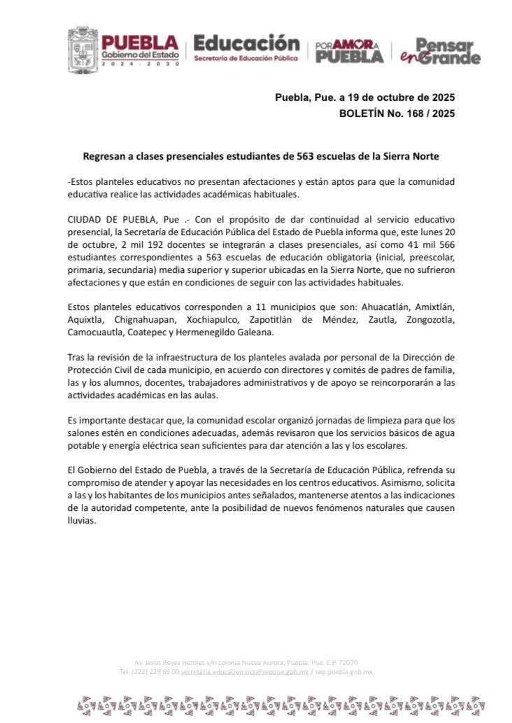 Este lunes 20 de octubre, 41,566 alumnos y 2,192 docentes de la Sierra Norte regresan a clases tras revisión de infraestructura y limpieza escolar.