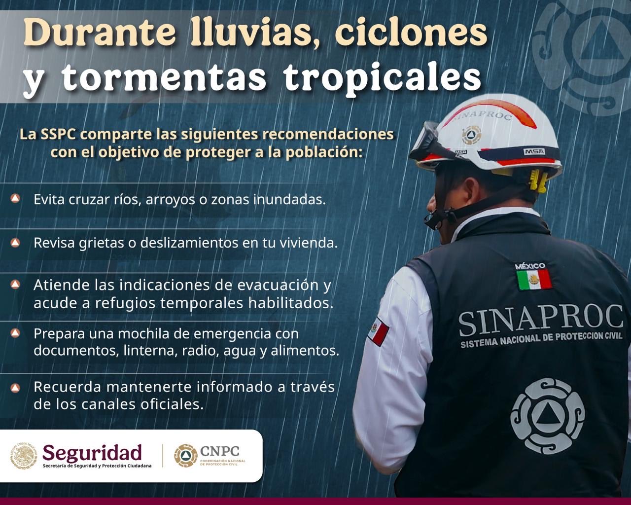 La SSPC aconseja evitar zonas inundadas, revisar tu vivienda, preparar mochila de emergencia y seguir información oficial durante tormentas.