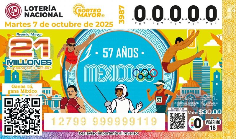 El Sorteo Mayor No. 3987 ofrece un Premio Mayor de 21 millones y rinde homenaje a los atletas y símbolos de los Juegos Olímpicos de México 68.