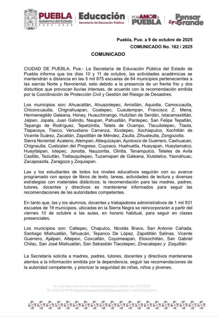 SEP Puebla suspende clases presenciales por lluvias; afectará a más de 5,800 escuelas en 64 municipios. En Sierra Negra se reanudan el viernes.