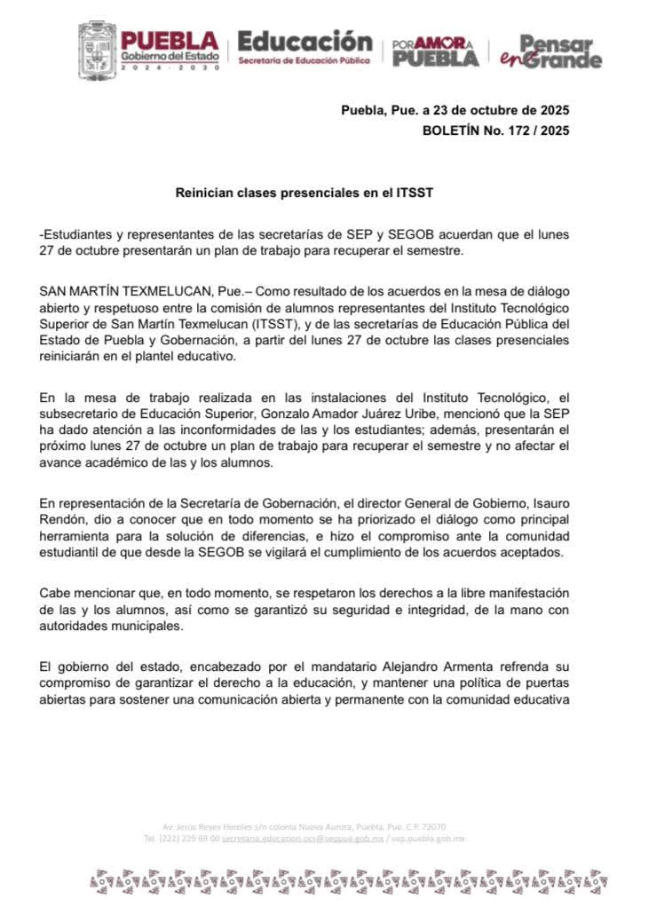 La SEP y el ITSS de San Martín Texmelucan acordaron reanudar clases presenciales este lunes 27 de octubre y recuperar el semestre.