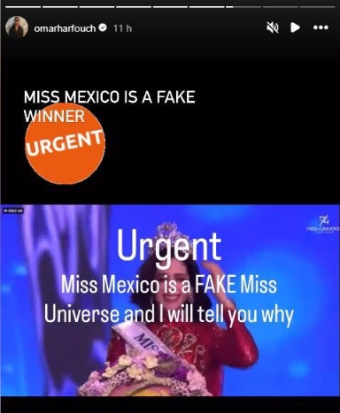 Omar Harfouch publicó en Instagram que Fátima Bosch, Miss México, es una “ganadora falsa” del certamen Miss Universo.