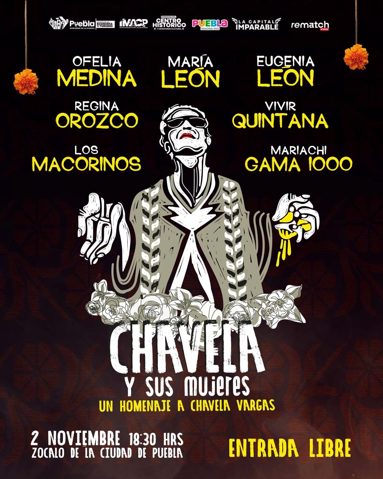 Ofelia Medina, María León, Eugenia León, Regina Orozco y Vivir Quintana encabezan el tributo a Chavela Vargas en el Zócalo de Puebla.