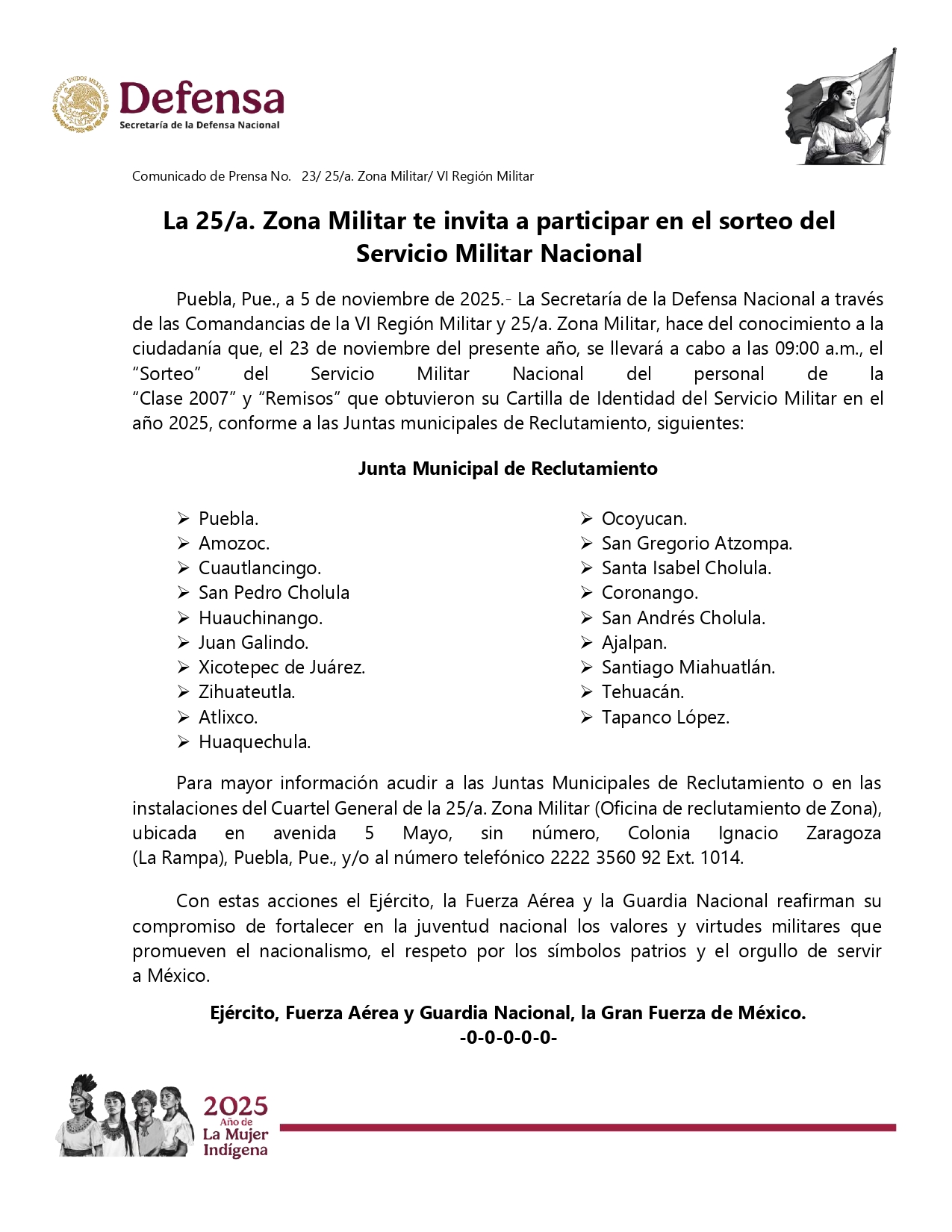 La SEDENA invita a jóvenes de la Clase 2007 al sorteo del Servicio Militar Nacional el 23 de noviembre en distintas juntas municipales de Puebla.