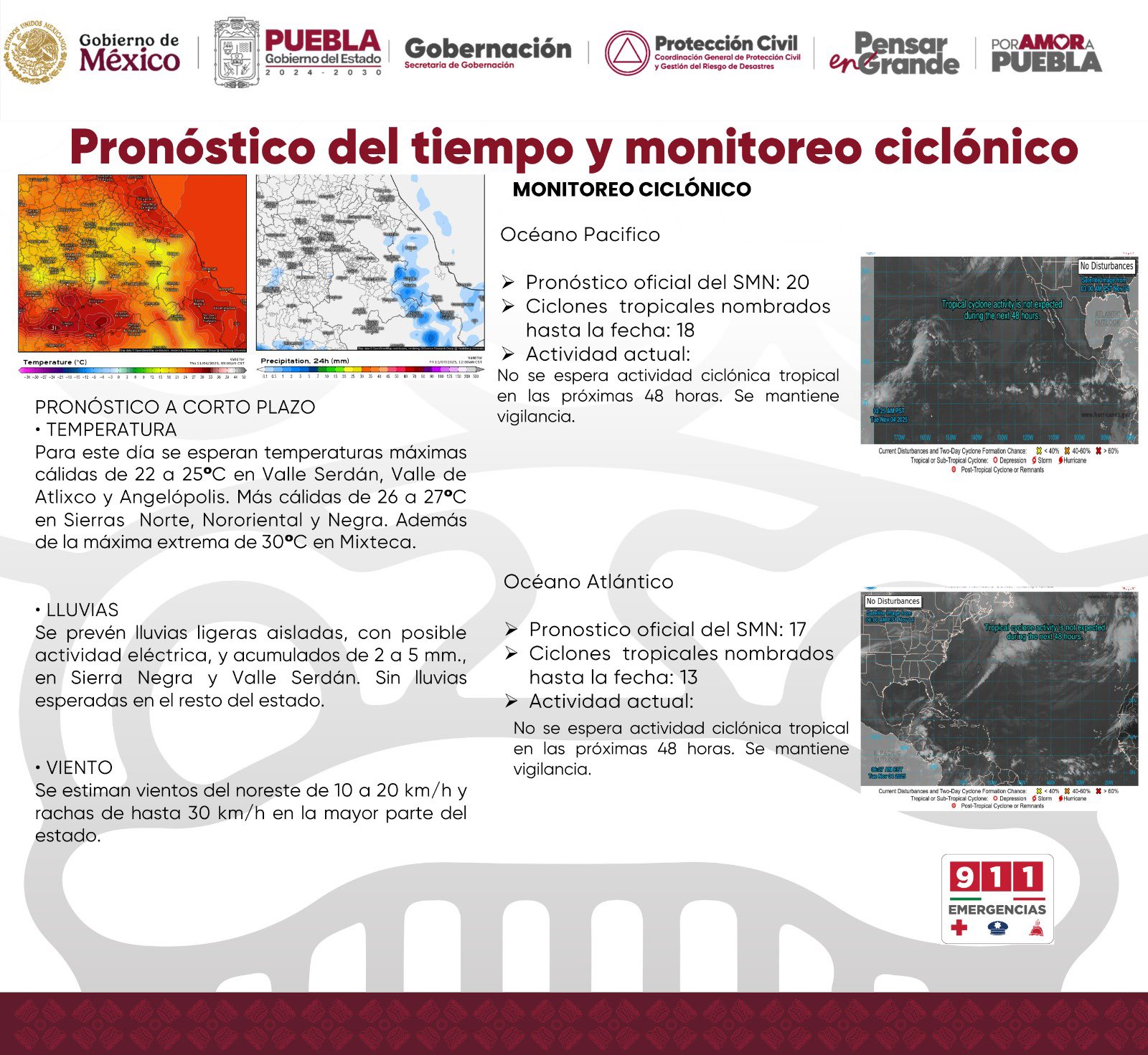 Protección Civil prevé temperaturas cálidas y lluvias ligeras aisladas en Puebla, principalmente en Sierra Negra y Valle Serdán.