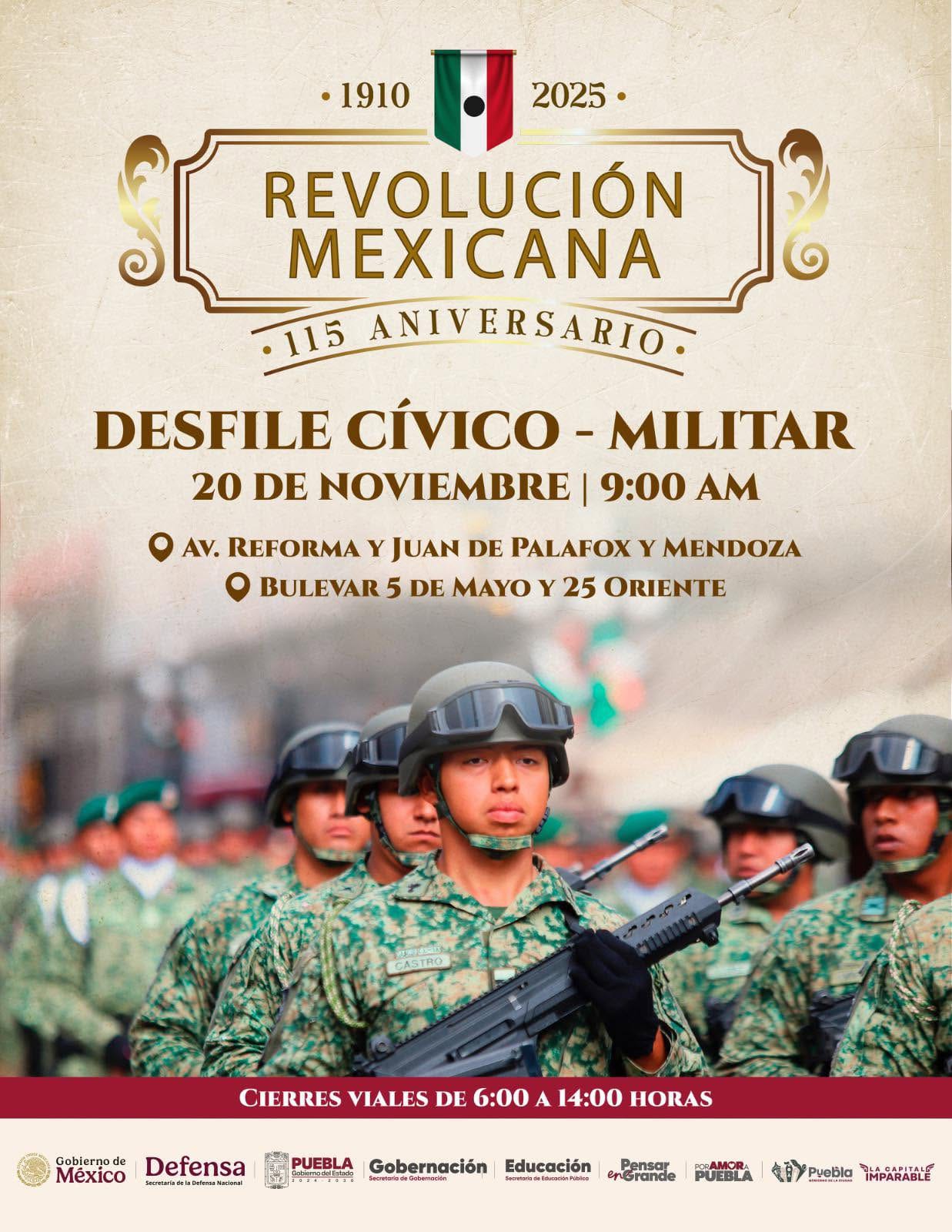 Este 20 de noviembre será el Desfile Cívico-Militar en Puebla; iniciará a las 9 a.m. y habrá cierres viales de 6 a.m. a 2 p.m. en el Centro Histórico.