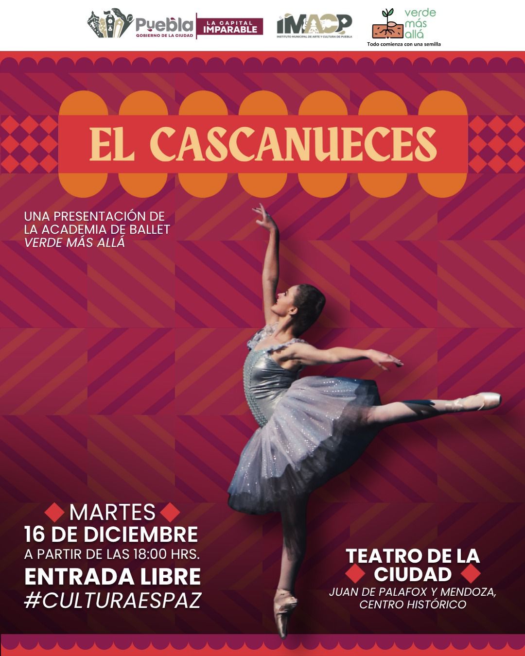 La Academia de Ballet Verde Más Allá presentará “El Cascanueces” el 16 de diciembre a las 18:00 h en el Teatro de la Ciudad. Entrada libre.