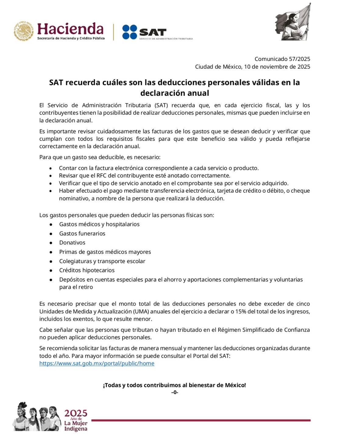 El SAT recordó que los contribuyentes pueden deducir gastos médicos, colegiaturas, donativos y créditos hipotecarios en la declaración anual 2025.