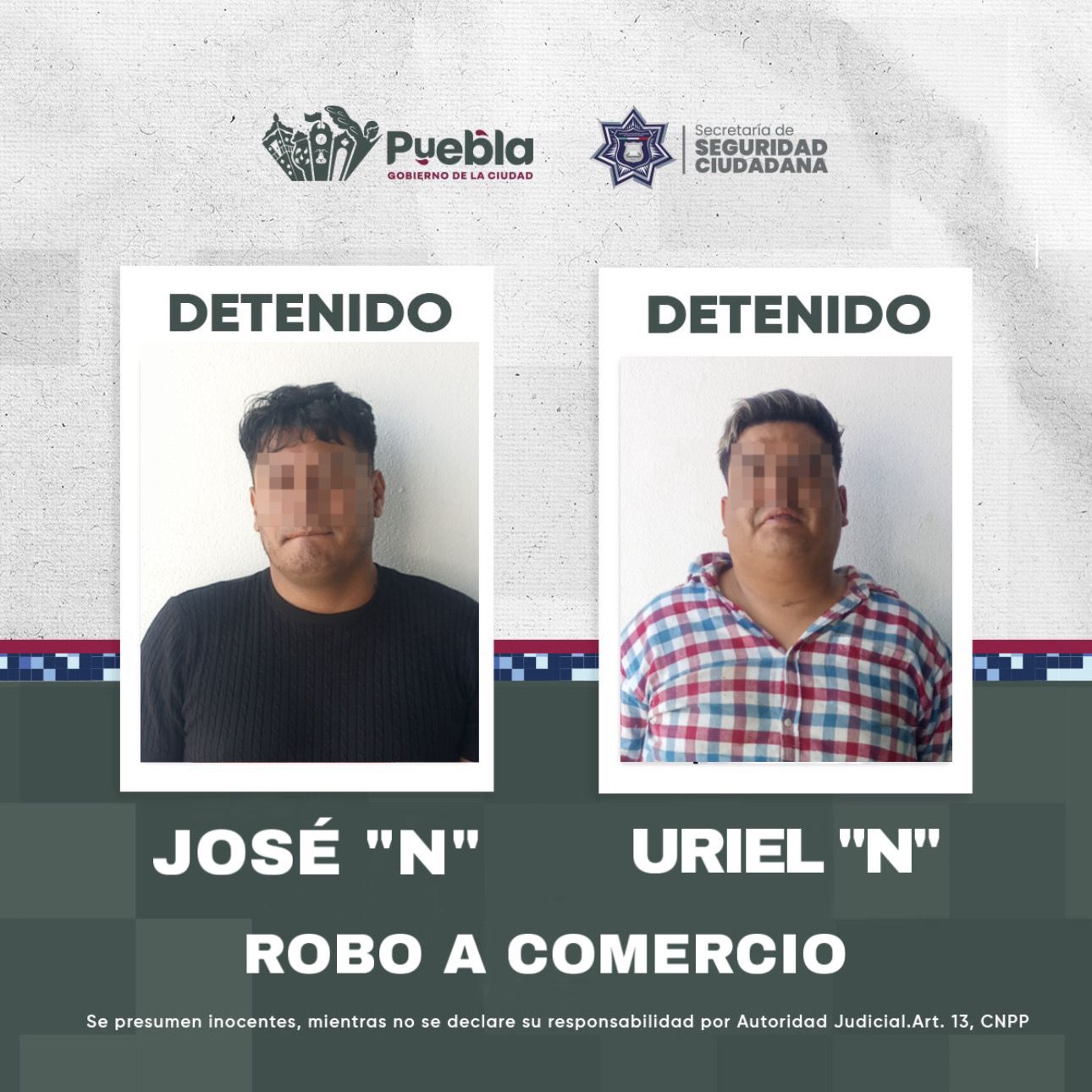 La Secretaría de Seguridad Ciudadana detuvo a dos presuntos multiasaltantes por robo a comercio con violencia en Vista Hermosa Xaxalpa.