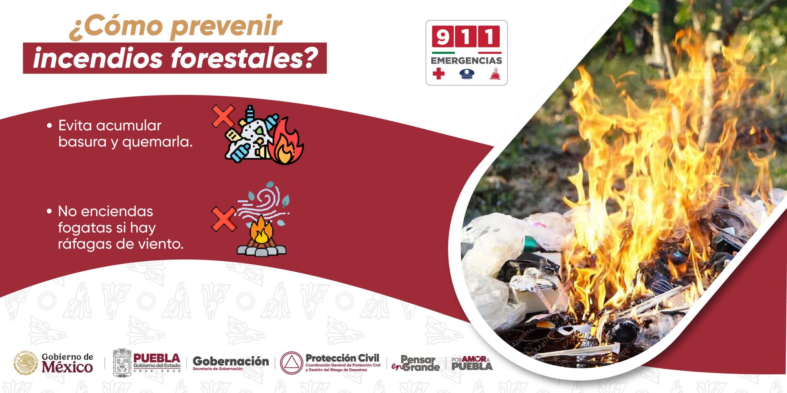 Autoridades de Puebla llaman a prevenir incendios forestales y recuerdan que quemar basura o encender fogatas con viento puede provocar tragedias.