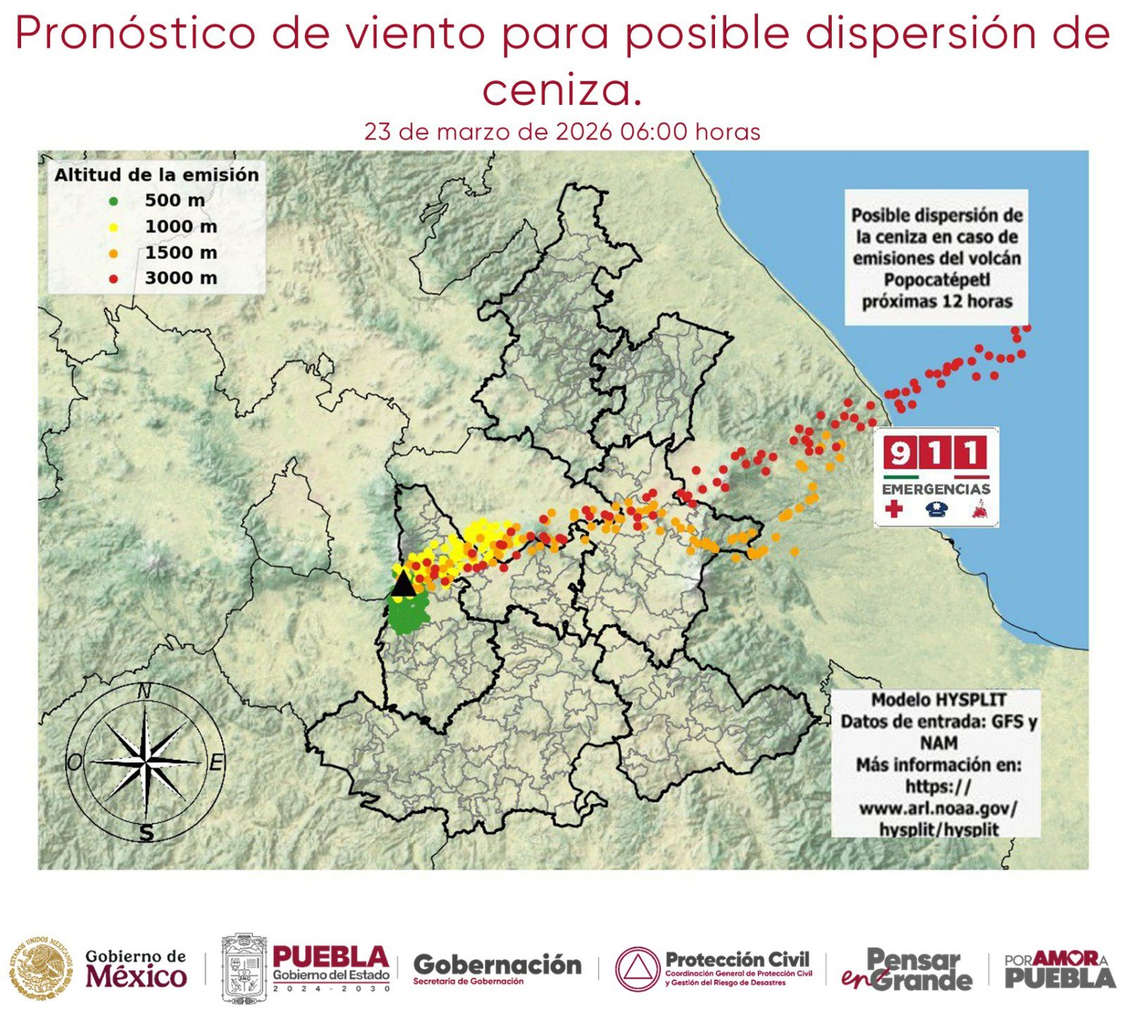 Protección Civil advierte que, de haber emisiones del Popocatépetl, la ceniza podría dirigirse al noreste y afectar Puebla, Tlaxcala y Veracruz.